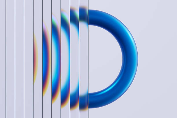 A striking abstract image featuring a vibrant blue circular ring intersected by vertical glas slats creating rainbow reflections. Modern, minimalist design suitable for technology, innovation, or creative branding.