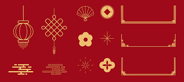 Korean traditional frames, line borders set with knot corners ornament. Chinese Asian new year frame outline retro. Vector illustration