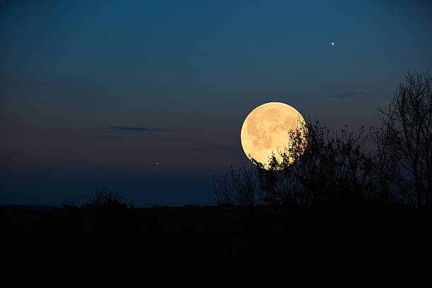 istock Full Moon, stars, planets and landscape scenery silhouettes. 2247436019