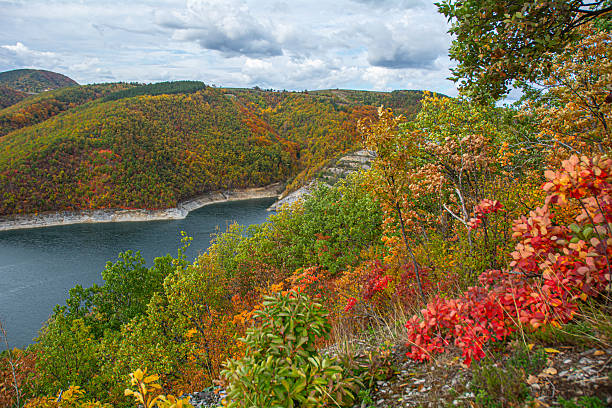 istock Bright Autumn Foliage Overlooking a Calm Blue Lake Surrounded by Forested Hills Under a Cloudy Sky 2247438452