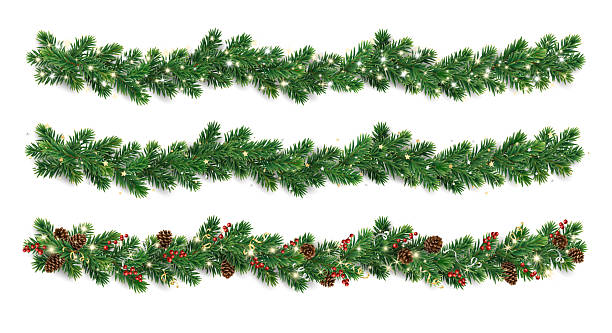 istock Christmas tree garlands of lush green fir branches with glowing lights, confetti, pine cones, holly berries. Realistic horizontal borders for cards and banners. Transparent background in vector file. 2247438969