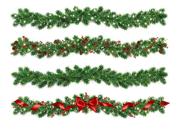 istock Christmas garlands with pine branches, glowing lights, cones, red ribbon, bow and holly berries. Realistic festive vector border. Transparent background in vector file. 2247439153