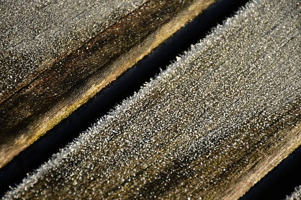 hoarfrost on a wooden bench in winter