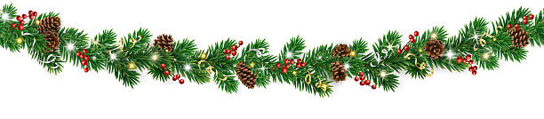 istock Seamless Christmas garland with pine cones, holly berries, ribbons, and lights. Elegant festive decoration for holiday design. Transparent background in vector file. 2247440144