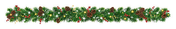 istock Christmas tree garland with pine cones, holly berries, ribbons, and glowing lights. Realistic festive border for Christmas design. Transparent background in vector file. 2247440200