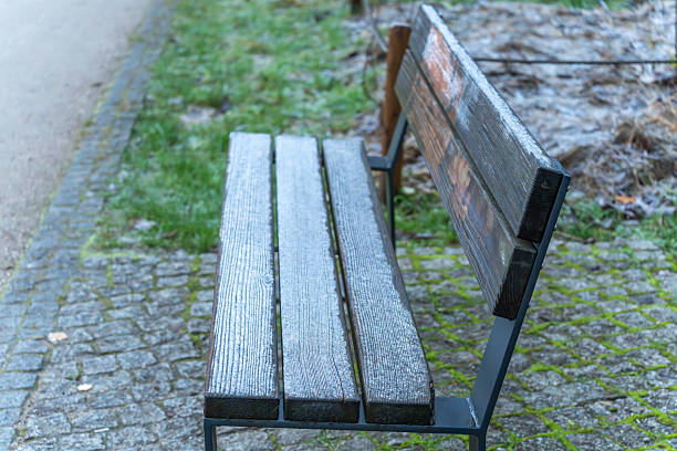 istock Empty park bench covered with a thin layer of frost on a cold morning. 2247446848