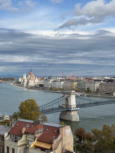 A scenic view of Fisherman’s Bastion in Budapest, featuring its elegant white stone towers and panoramic terraces. This iconic lookout point offers stunning views of the city and showcases the fairytale-like architecture of the Castle District.