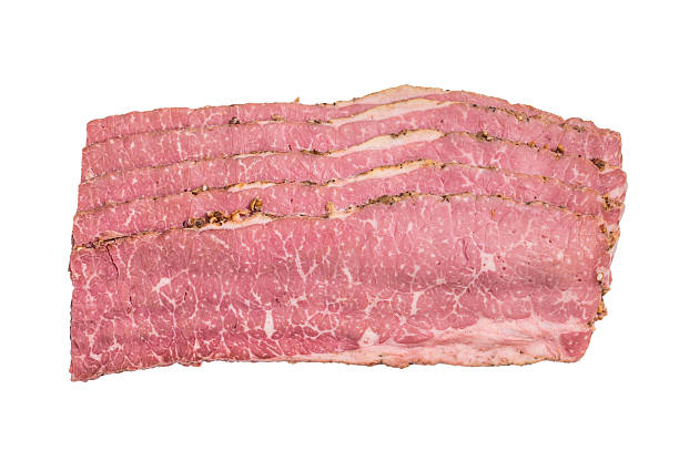 istock Thin sliced pastrami arranged in layers on a clean white background. Smoked deli beef with marbled texture, cured meat for sandwiches, cooking and food preparation. 2247452761