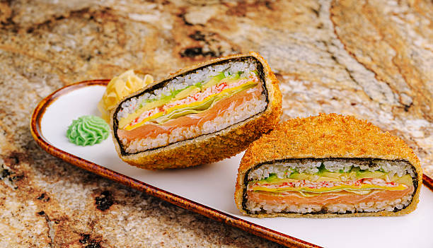 istock Unique sushi creation with crispy coating served on a plate 2247459710