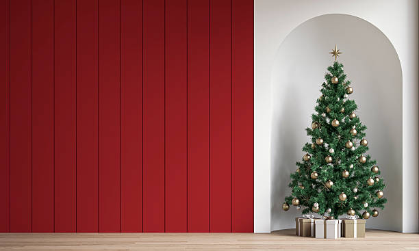 istock Modern minimalist unfurnished interior decorated for Christmas, with an accent empty red shiplap wall and copy space, Christmas tree with presents in a wall niche, near a window 2247463223