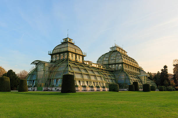 Visitors explore the stunning architecture of the botanical gardens Palm House in Vienna, Austria, surrounded by meticulously manicured lawns at sunset. The warm glow highlights the glass structures.