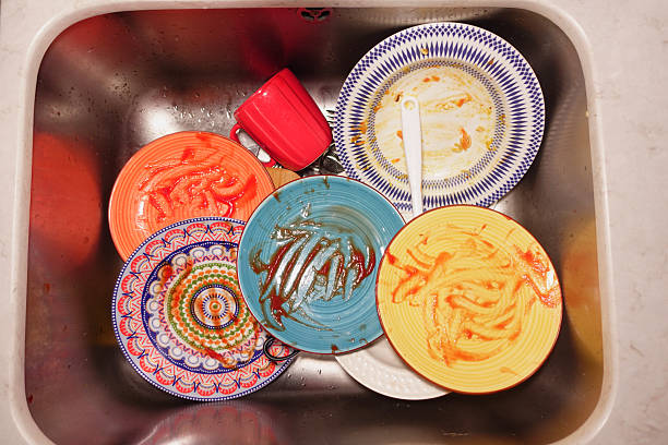 Dirty dishes in old sink.