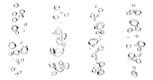 Vertical lines of clear water bubbles floating on a bright white background, forming a clean abstract texture ideal for hydration themes, beauty design, scientific visuals, product advertising,