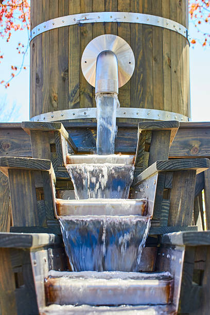 istock Rustic Wooden Water Feature in Serene Garden, Low Angle View 2247467588