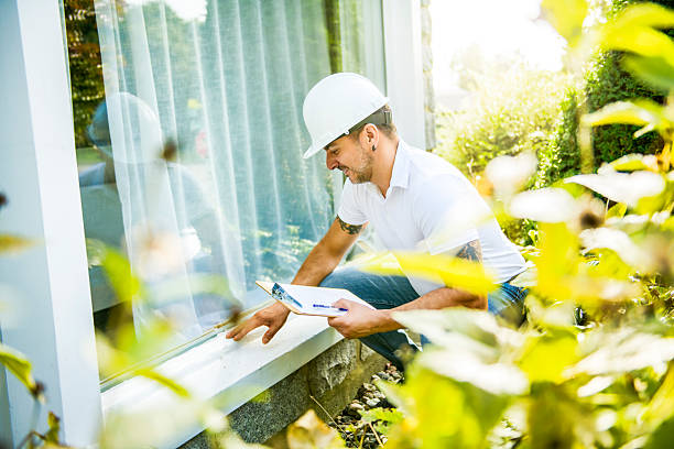 istock Man with a white hard hat holding a clipboard, inspect house window 2247469982