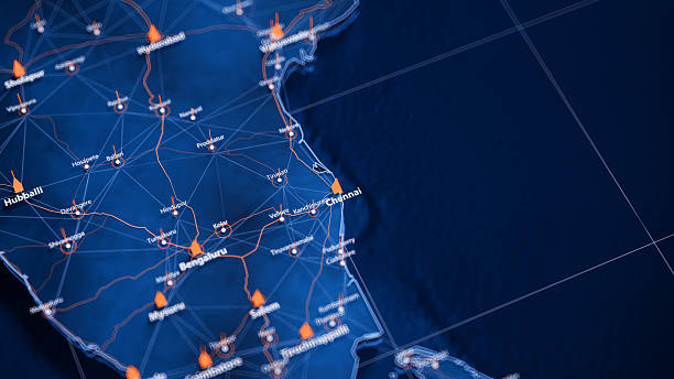 istock Chennai map big data visualization. Futuristic map infographic of city in India. Visual map data complexity in modern blue and orange colors 2247470194