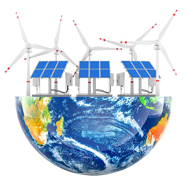 istock Renewable energy on Earth, solar panels and wind turbines. 3D rendering 2247470762