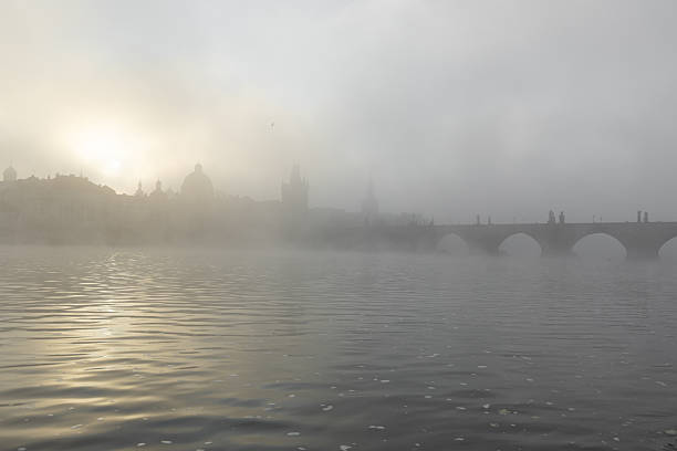 View of Old Town Stare Mesto and Vltava river at golden hour.