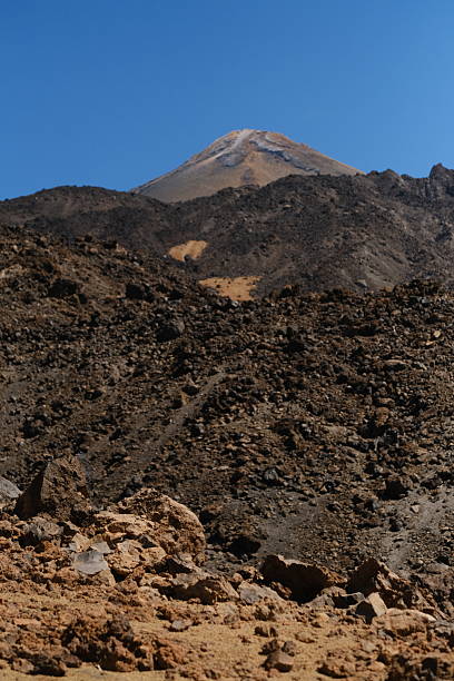 Rugged volcanic landscape and distant village, Tenerife Island, Canary Islands