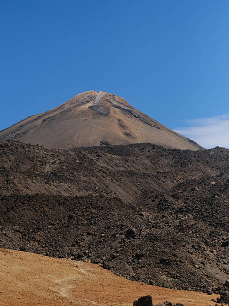Rugged volcanic landscape and distant village, Tenerife Island, Canary Islands