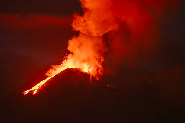 istock Mount Etna night eruption with thick red smoke 2247472641
