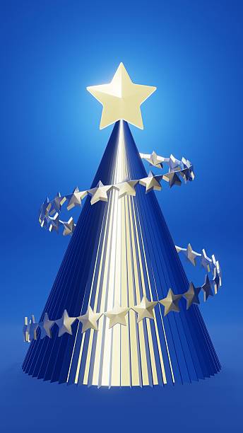 Vertical Christmas New Year tree star spiral abstract minimal metallic gold blue glossy elegant festive winter December celebration greeting banner render 3D gradient light sparkle magic celestial