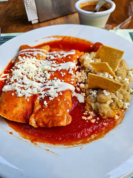 istock Delicious Mexican Enchiladas with Sauce, Cheese, and Refried Beans on a Plate 2247481633