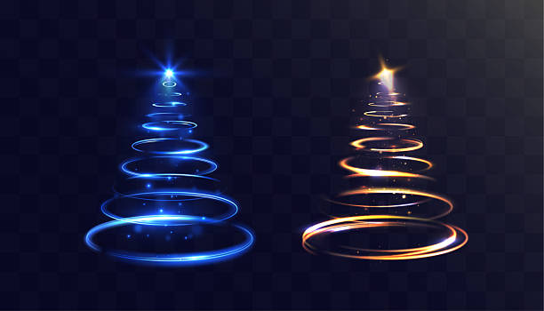 istock Glowing blue and golden spiral Christmas trees with sparkling light trails and stars on transparent background EPS. 2247483466