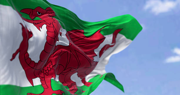 The flag of Wales, one of four nations comprising the United Kingdom of Great Britain and Northern Island, flies on a building in Bondi Junction in the eastern suburbs of Sydney. This image was taken on a windy and sunny morning on 22 September 2025.
