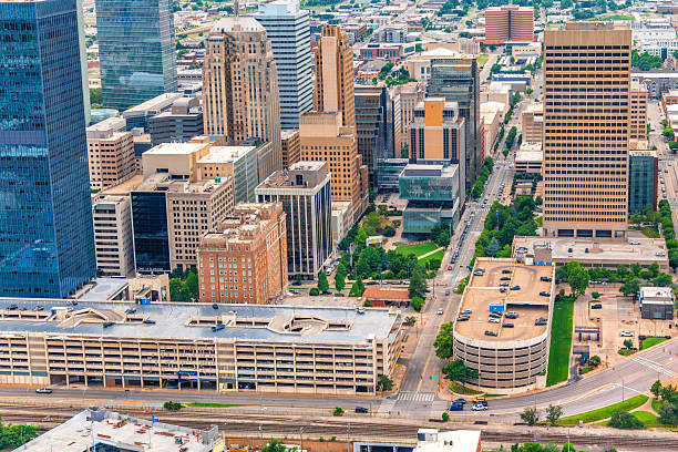 The buildings of owntown Oklahoma City center shot via helicopter from an altitude of about 600 feet.