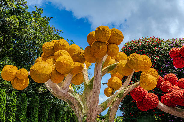 A vibrant orange art installation shaped like a tree in the Ba Na Hills near Da Nang, Vietnam. Surrounded by lush gardens and whimsical architecture, the sculpture adds a burst of color and creativity to this popular mountain resort