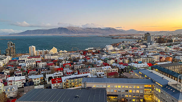 High angle sunrise view of Reykjavik.