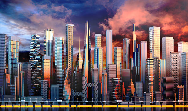 istock Beautiful modern city background with skyscrapers at. sunset. 3D rendering 2247499541