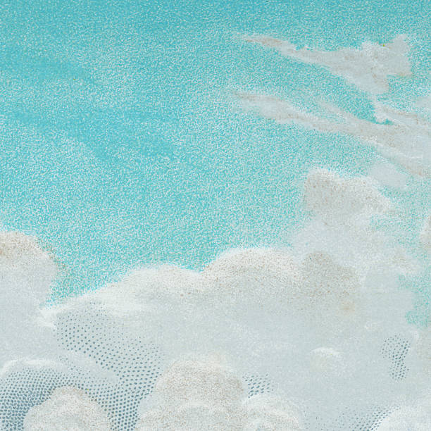 A chromolithograph of a blue sky with fluffy white clouds. Vintage etching circa 19th century.