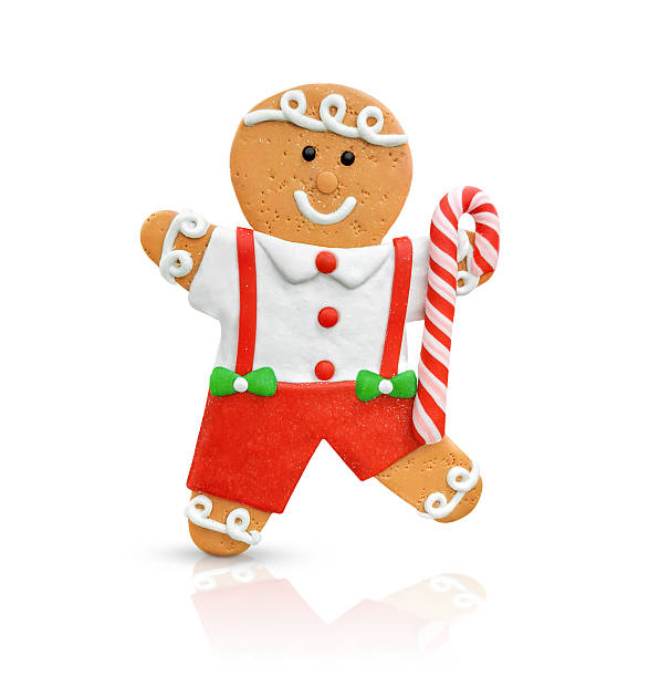 istock one funny gingerbread man running happily with red decor and green bows, highlighted on a white background 2247510442