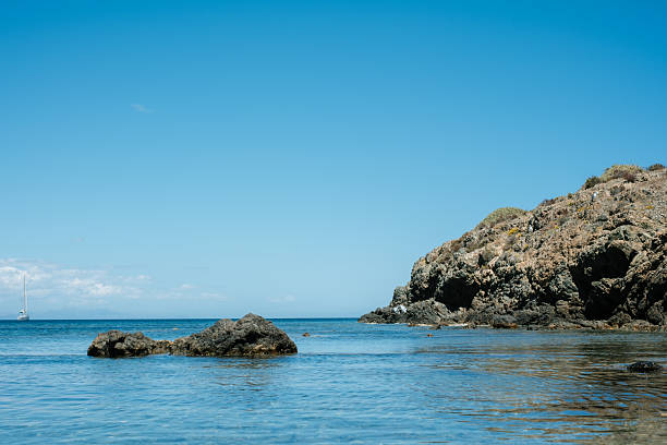 Tranquil coastal scene with rocky shoreline and clear blue waters under a sunny sky.