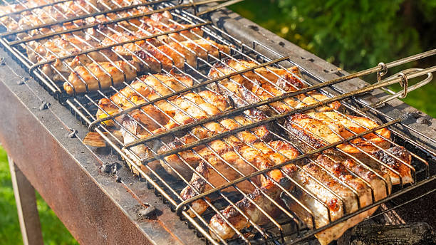 istock Grilled fish and chicken on barbecue grill, sizzling over open flames, surrounded by lush greenery, showcasing outdoor cooking experience 2247536095