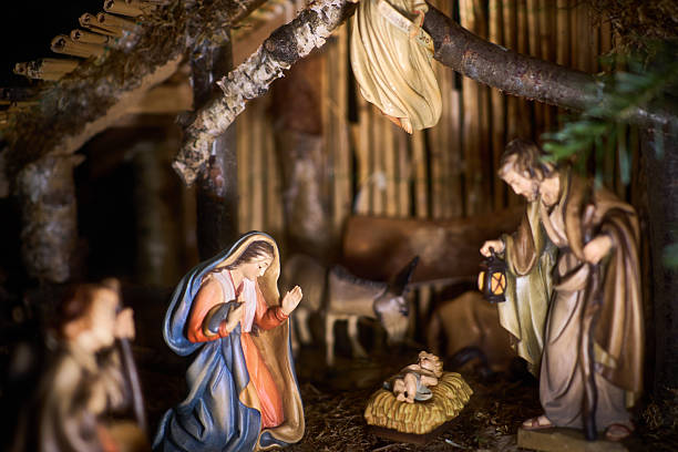 istock Classic nativity scene with Holy Family in a rustic wooden stable setting. 2247536227
