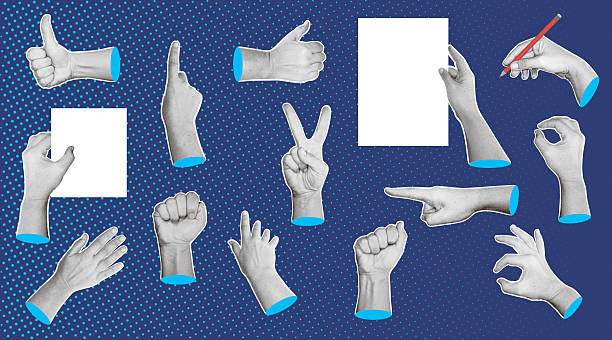 Vector illustrations of hands in halftone style, displaying various gestures and poses.