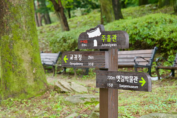 A set of wooden signposts points toward Juheulgwan, Gyoguijeong pavilion, and the Saejae Museum along forest benches and mossy trees inside Mungyeong Saejae Provincial Park.