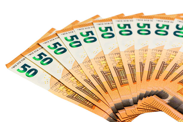Multiple 50 euro notes artfully arranged in a spreading fan pattern on clean white background, creating a sophisticated financial visualization with European currency.