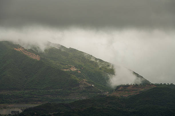 Mountains forest landscape with fog, cloudy weather.