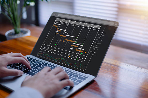 istock Project manager concept working with Gantt chart schedule to plan tasks and deliverables. Scheduling activities with strategic planning software organizing schedules and important dates. 2247564074