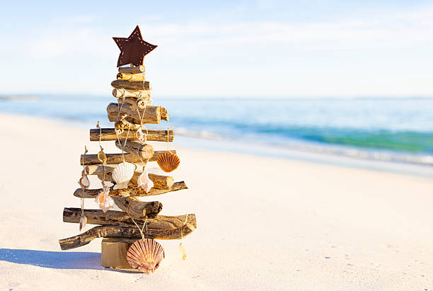 Assorted sea shells dangle from a rustic driftwood Christmas Tree on a beach in summer.