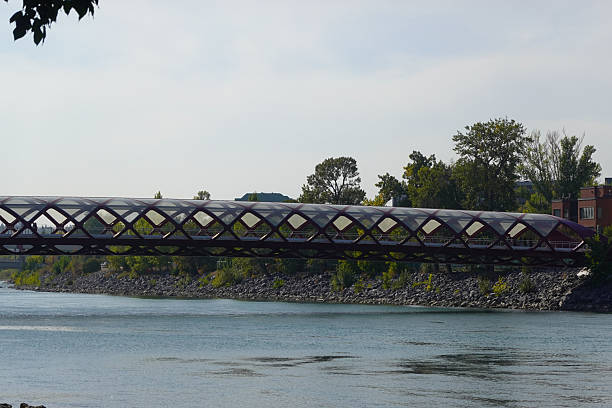 istock Pedestrian bridge crossing wide river under trees 2247578847