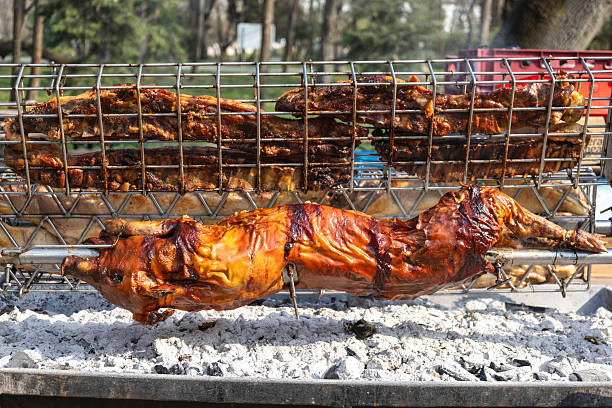 A young pig is roasted on a spit over coals