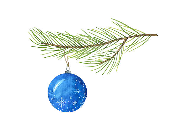 istock Watercolor illustration of a pine branch with a blue Christmas bauble decorated with snowflakes. Hand drawn illustration isolated on white background. 2247579361