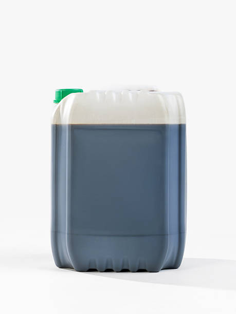 5L plastic canister with technical oil or liquid without label on white background. Storage, transportation, engine oil, industrial grease, primer, antifreeze, brake fluid, synthetic product