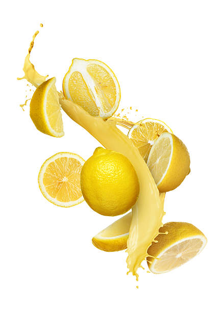 Fresh lemons and citrus juice splash in air on white background