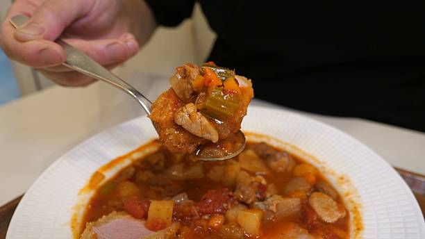 istock Creamy tomato stew with pork cutlet slices on white plate 2247591956